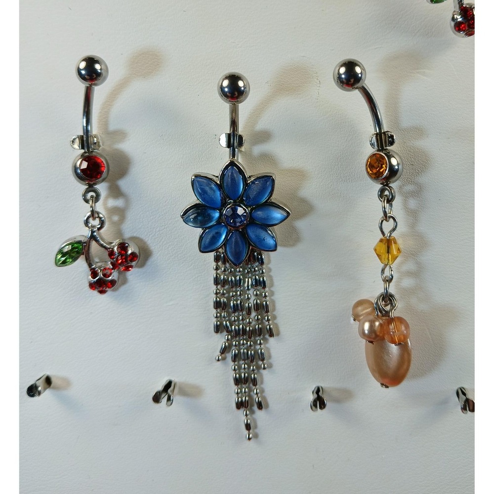 Vintage 90s Belly Button Rings 316L Surgical Steel 14G Cherry Flower CZ 7pc Set - Picture 10 of 17